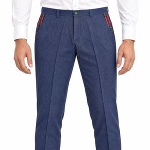 Mens 36 Blue Denim Cotton Slim Fit Flat Front Tartan Trim Dress Pants Trousers